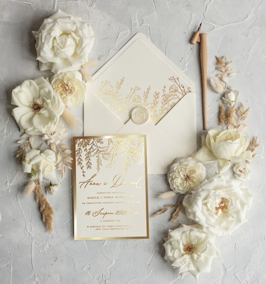 Zaproszenia ślubne Złote Glamour Złote Zaproszenia Ślubne z Listkami  Glamour Proste  Złocone Zaproszenia na Ślub Minimalistyczne Zaproszenie ślubne  9