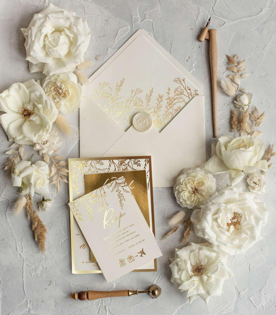 Zaproszenia ślubne Złote Glamour Złote Zaproszenia Ślubne z Listkami  Glamour Proste  Złocone Zaproszenia na Ślub Minimalistyczne Zaproszenie ślubne  0