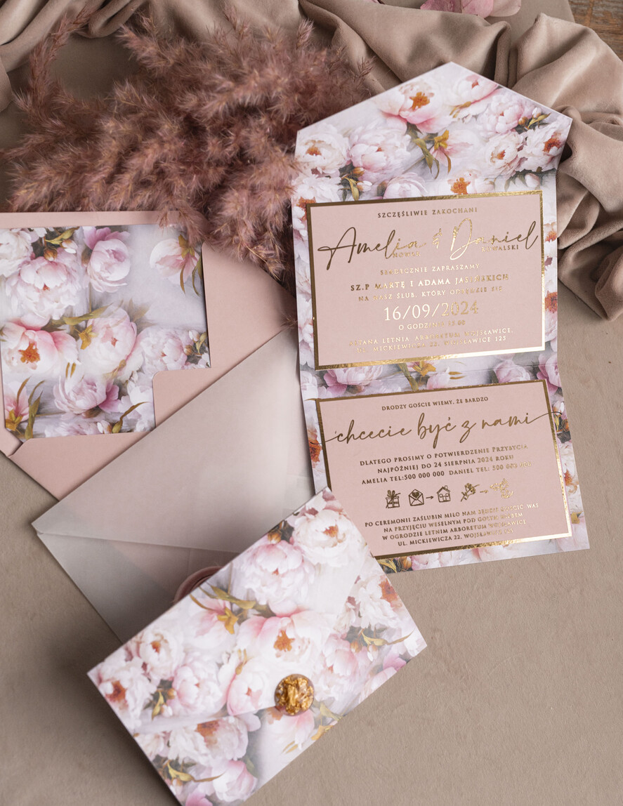 Zaproszenia ślubne Złote Glamour Poziome złote zaproszenia ślubne z medalionem, Kopertowe różowe zaproszenie na ślub złocone, zaproszenia na slub cywilny pudrowy róż0