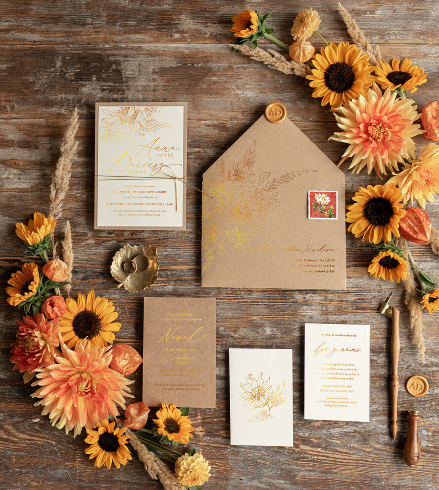 Zaproszenia ślubne Złote Glamour złote rustykalne zaproszenia ślubne słoneczniki ekologiczny papier złocone zaproszenie na ślub ze słonecznikami1