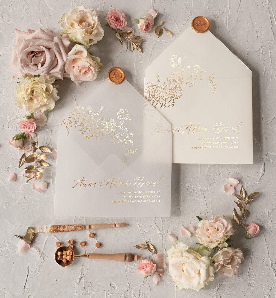 Zaproszenia ślubne Złote Glamour złote zaproszenia ślubne na przezroczystej kalce błyszczące zaproszenie ślubne glamour5