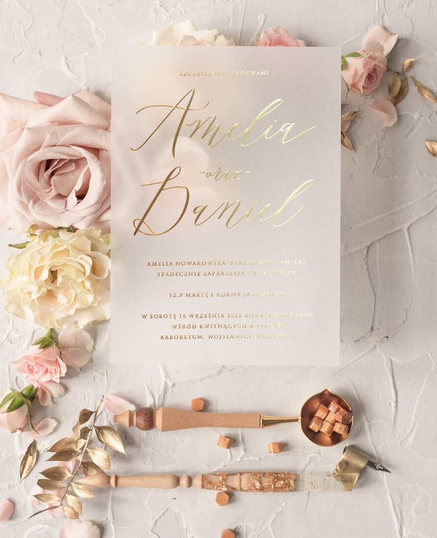 Zaproszenia ślubne Złote Glamour złote zaproszenia ślubne na przezroczystej kalce błyszczące zaproszenie ślubne glamour6