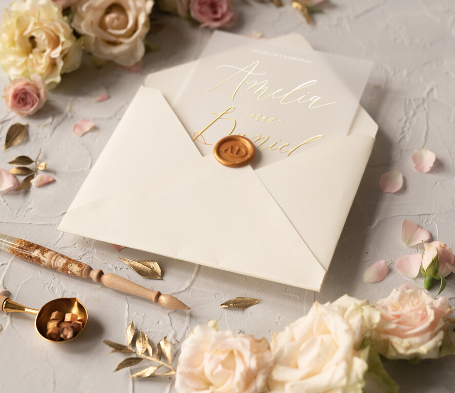 Zaproszenia ślubne Złote Glamour złote zaproszenia ślubne na przezroczystej kalce błyszczące zaproszenie ślubne glamour7