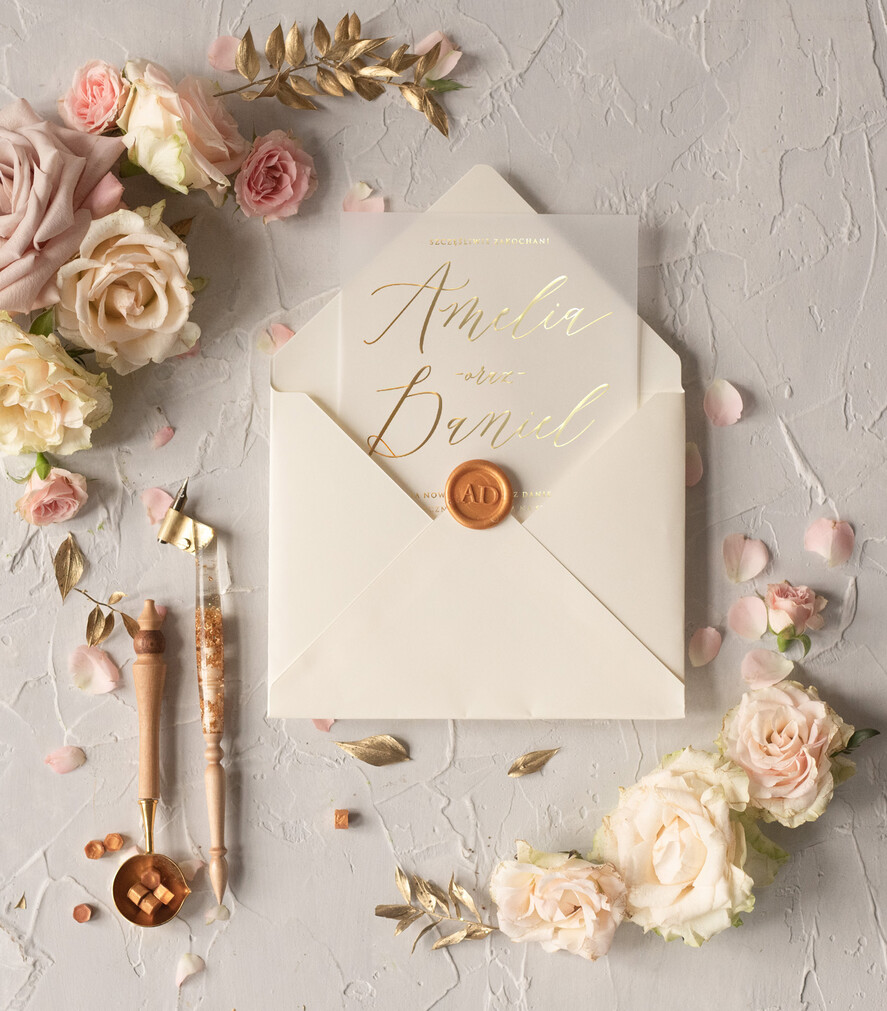 Zaproszenia ślubne Złote Glamour złote zaproszenia ślubne na przezroczystej kalce błyszczące zaproszenie ślubne glamour8