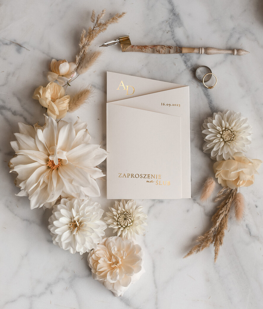Zaproszenia ślubne Złote Glamour nowoczesne zaproszenia na ślub, glamour złota i srebrna folia, zaproszenia składane na trzy części 2