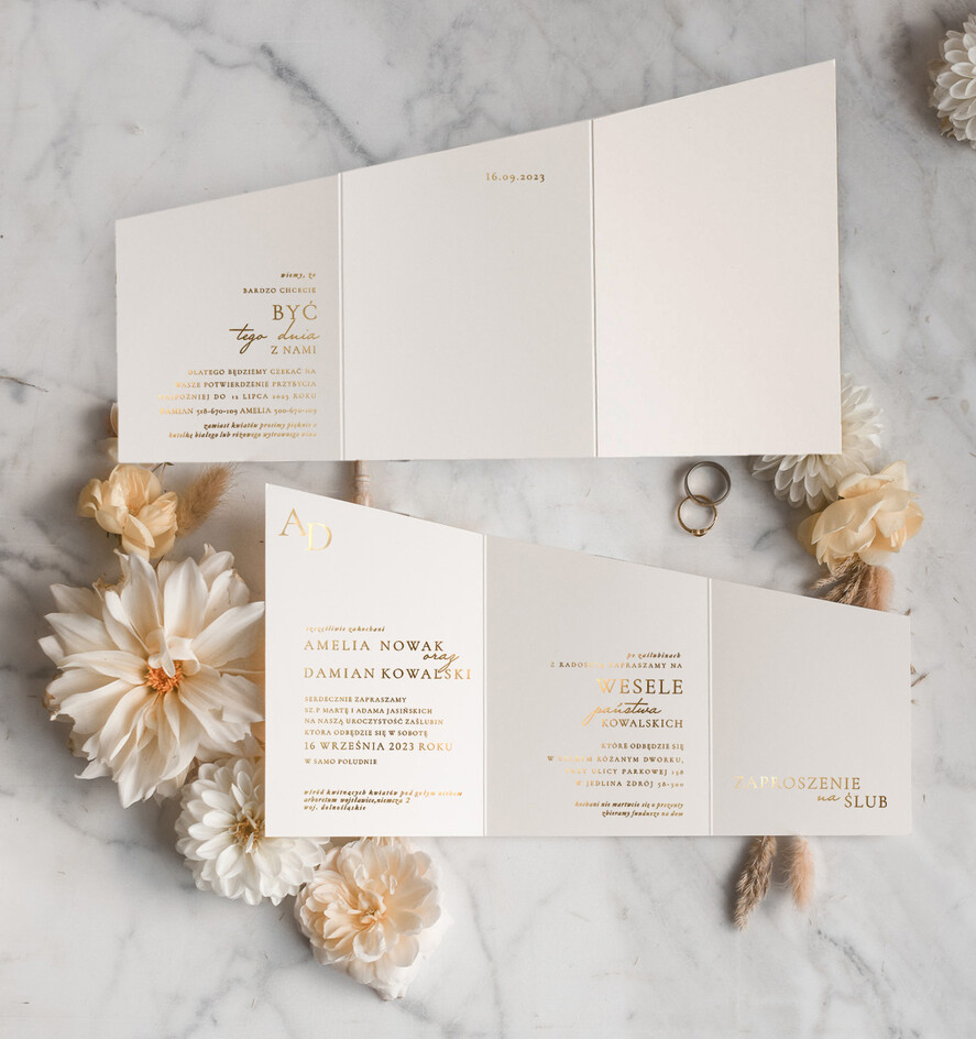 Zaproszenia ślubne Złote Glamour nowoczesne zaproszenia na ślub, glamour złota i srebrna folia, zaproszenia składane na trzy części 4