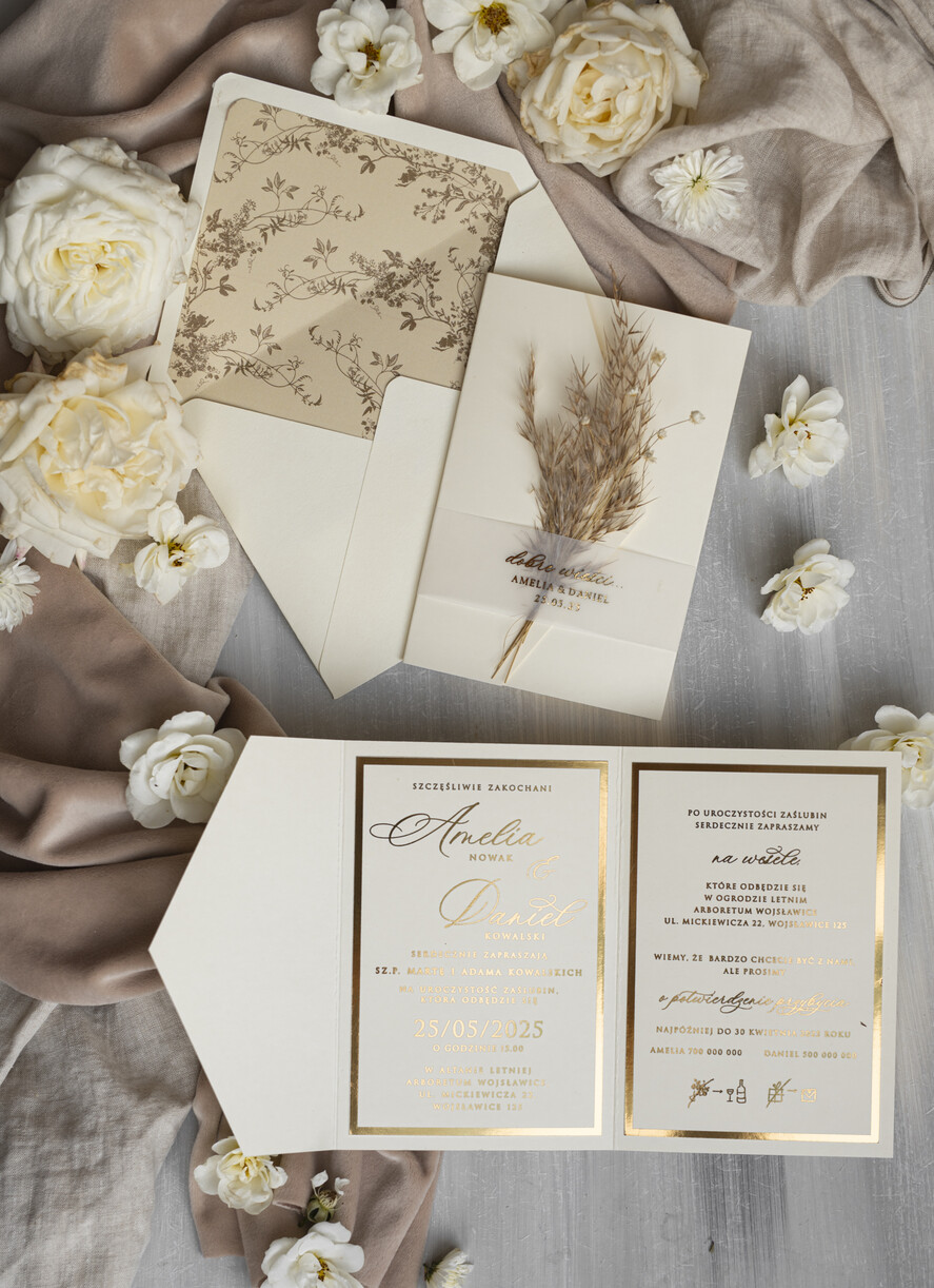 Zaproszenia ślubne Złote Glamour oryginalne zaproszenia na ślub idealne na wesele w plenerze, eleganckie zaproszenie ślubne z trawą pampasową, złote zaproszenia na ślub i wesele, trawa pampasowa na zaproszeniach ślubnych  0