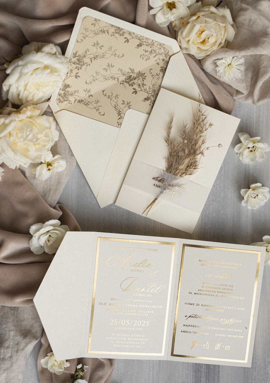 Zaproszenia ślubne Złote Glamour oryginalne zaproszenia na ślub idealne na wesele w plenerze, eleganckie zaproszenie ślubne z trawą pampasową, złote zaproszenia na ślub i wesele, trawa pampasowa na zaproszeniach ślubnych  9