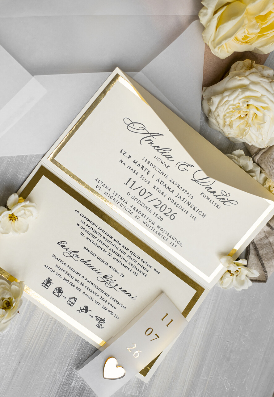 Zaproszenia ślubne Złote Glamour eleganckie złote zaproszenia ślubne, delikatne zaproszenie na ślub, zaproszenie ślubne w stylu glamour, złote litery na zaproszeniach ślubnych, zaproszenia ślubne składane w kopertę 5