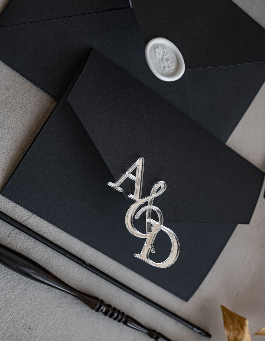 Zaproszenia ślubne Złote Glamour Poziome srebrne zaproszenia ślubne z lustrzanym monogramem, Kopertowe czarne zaproszenie na ślub srebrzone, zaproszenia na slub cywilny bieło czarne 16