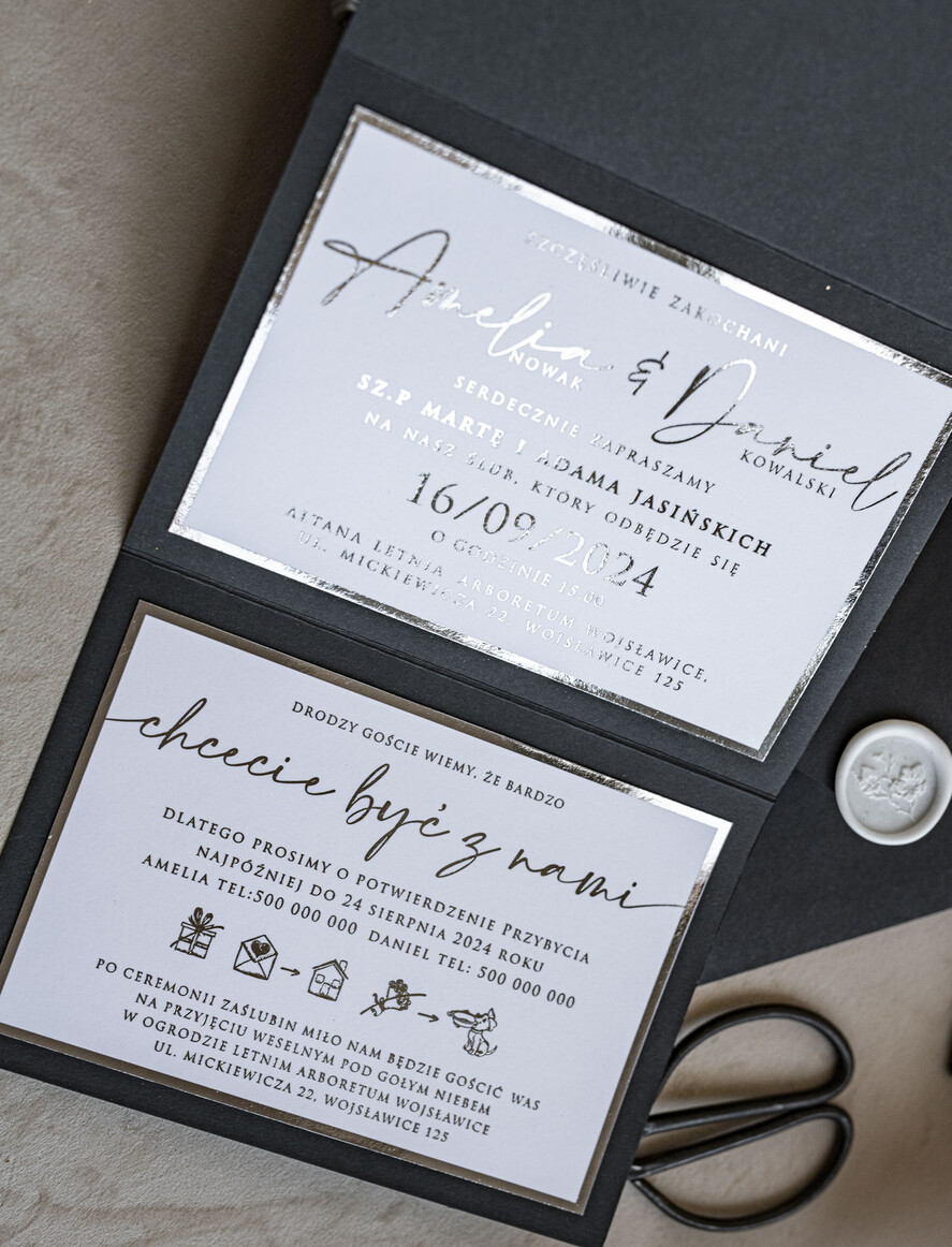 Zaproszenia ślubne Złote Glamour Poziome srebrne zaproszenia ślubne z lustrzanym monogramem, Kopertowe czarne zaproszenie na ślub srebrzone, zaproszenia na slub cywilny bieło czarne 4