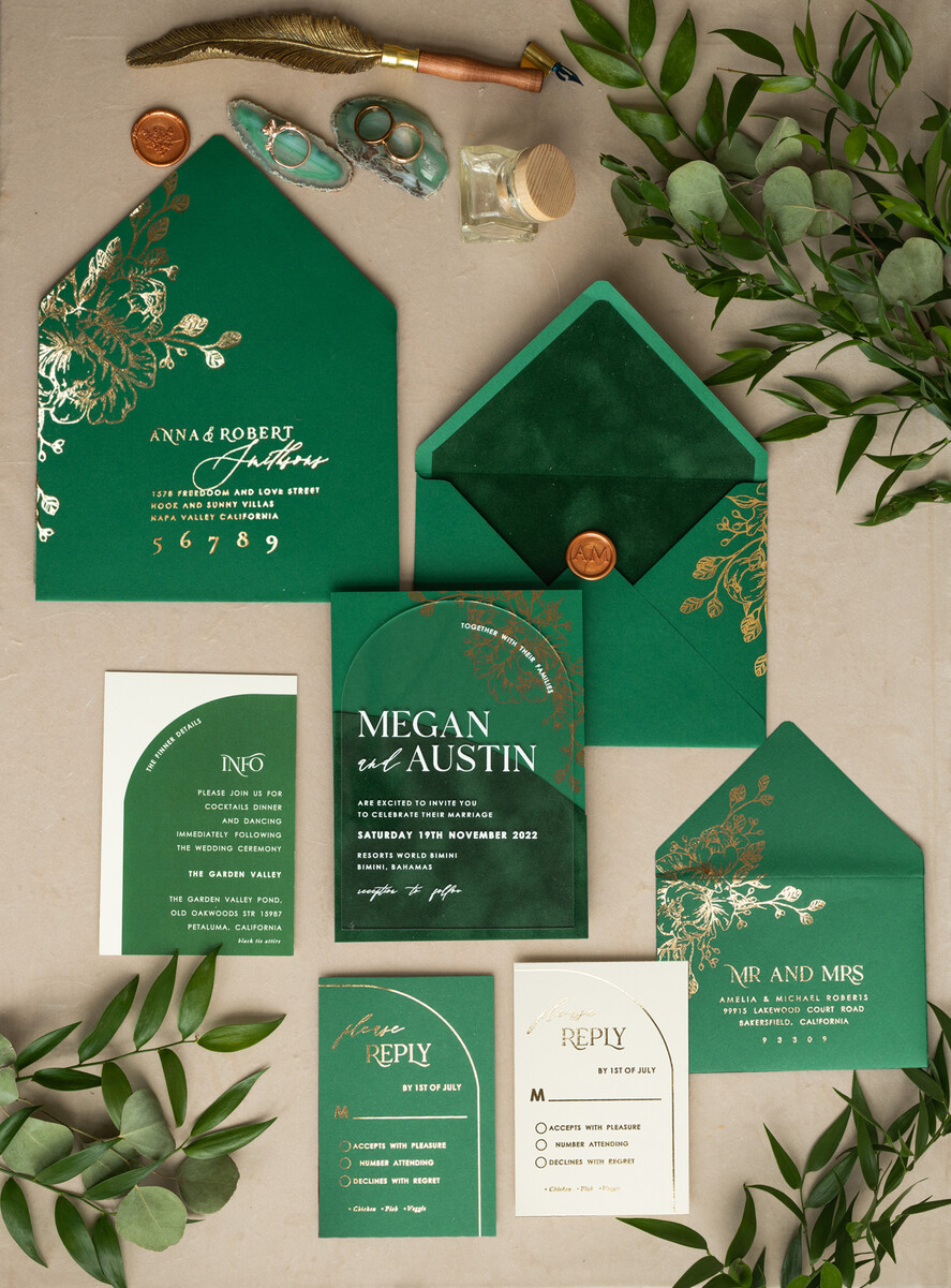 Zaproszenia ślubne Złote Glamour Eleganckie Welurowe Zaproszenia Na Ślub, Zaproszenia Na Slub W Kieszonce, Zaproszenia Z Pleksy W Kieszonce Z Weluru, Zielone Zaproszenia Na Ślub10