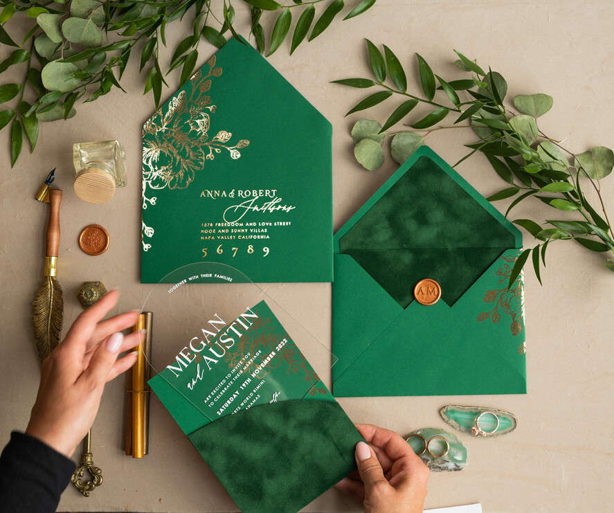 Zaproszenia ślubne Złote Glamour Eleganckie Welurowe Zaproszenia Na Ślub, Zaproszenia Na Slub W Kieszonce, Zaproszenia Z Pleksy W Kieszonce Z Weluru, Zielone Zaproszenia Na Ślub12