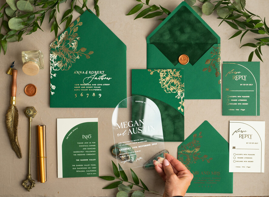 Zaproszenia ślubne Złote Glamour Eleganckie Welurowe Zaproszenia Na Ślub, Zaproszenia Na Slub W Kieszonce, Zaproszenia Z Pleksy W Kieszonce Z Weluru, Zielone Zaproszenia Na Ślub17