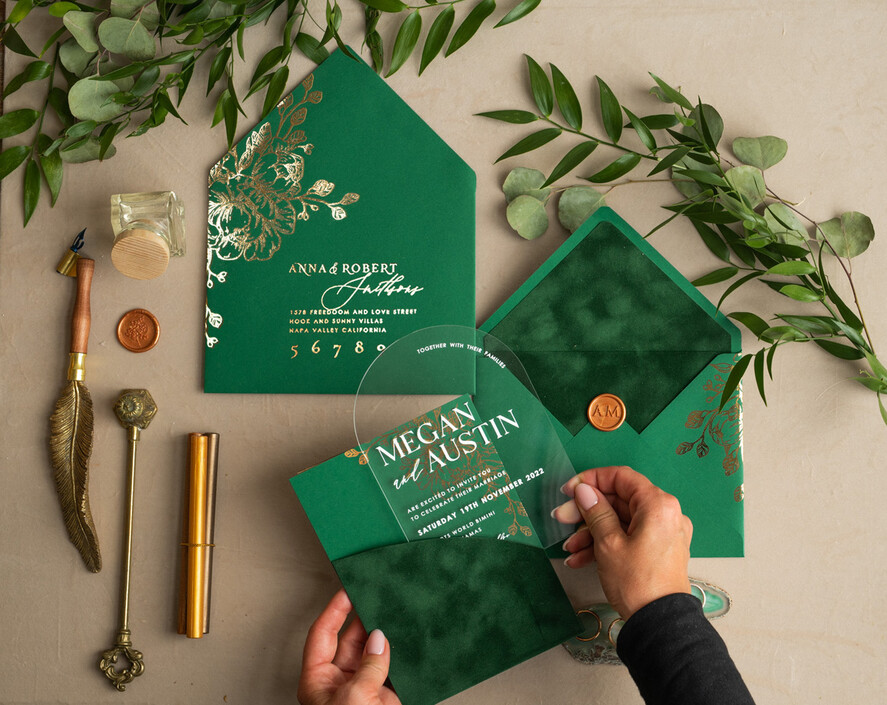 Zaproszenia ślubne Złote Glamour Eleganckie Welurowe Zaproszenia Na Ślub, Zaproszenia Na Slub W Kieszonce, Zaproszenia Z Pleksy W Kieszonce Z Weluru, Zielone Zaproszenia Na Ślub4