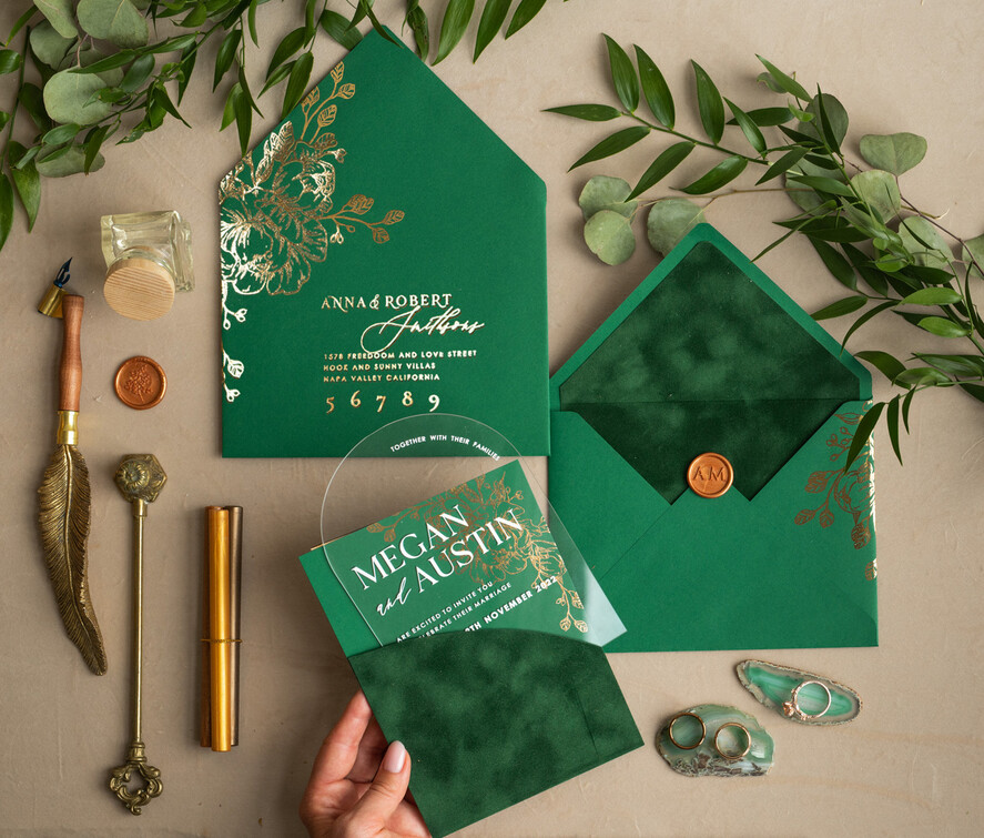 Zaproszenia ślubne Złote Glamour Eleganckie Welurowe Zaproszenia Na Ślub, Zaproszenia Na Slub W Kieszonce, Zaproszenia Z Pleksy W Kieszonce Z Weluru, Zielone Zaproszenia Na Ślub8