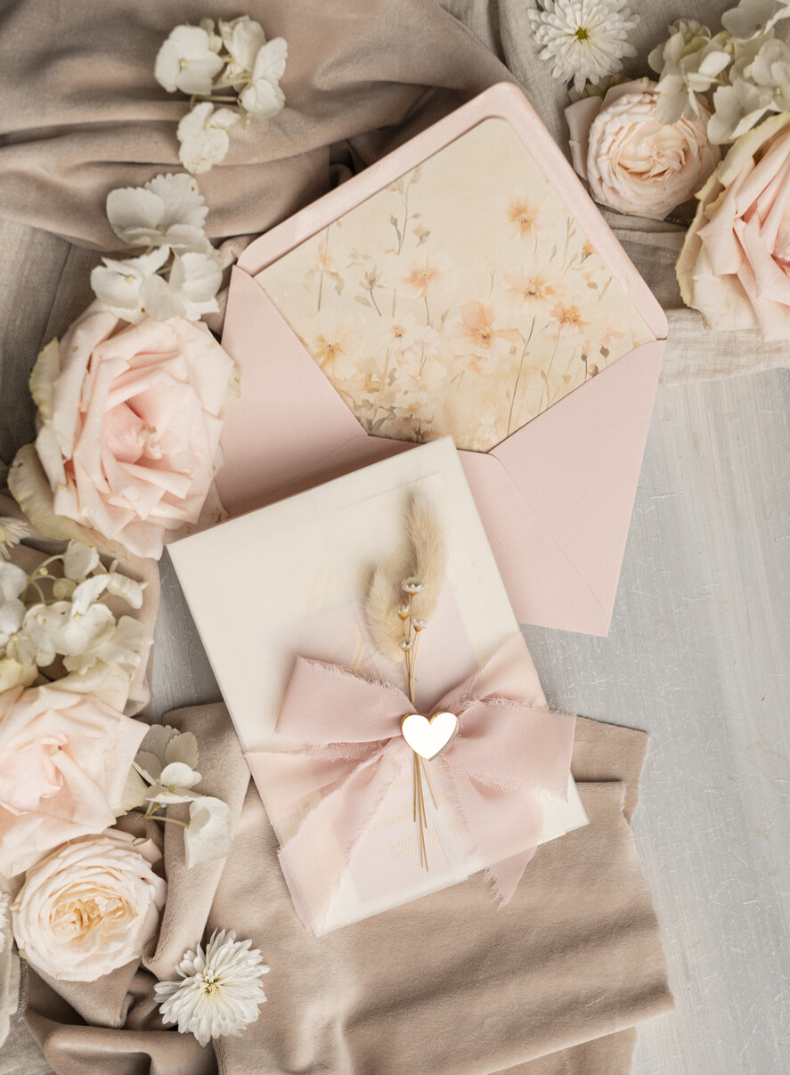 Zaproszenia ślubne Złote Glamour eleganckie zaproszenie na ślub z suszonym dmuszkiem, wyjątkowe zaproszenia ślubne z dmuszkiem, zaproszenia na ślub w stylu glamour9