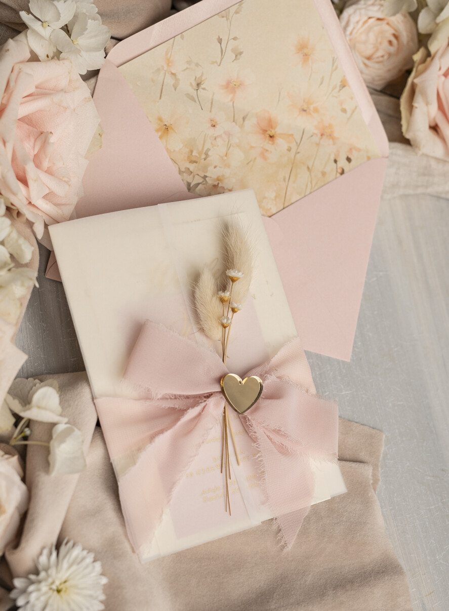 Zaproszenia ślubne Złote Glamour eleganckie zaproszenie na ślub z suszonym dmuszkiem, wyjątkowe zaproszenia ślubne z dmuszkiem, zaproszenia na ślub w stylu glamour11