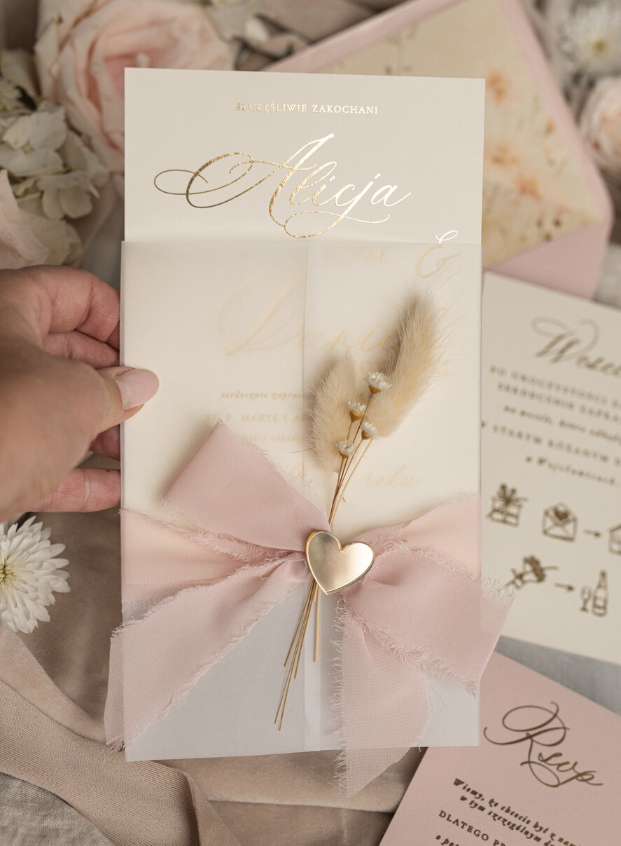 Zaproszenia ślubne Złote Glamour eleganckie zaproszenie na ślub z suszonym dmuszkiem, wyjątkowe zaproszenia ślubne z dmuszkiem, zaproszenia na ślub w stylu glamour13
