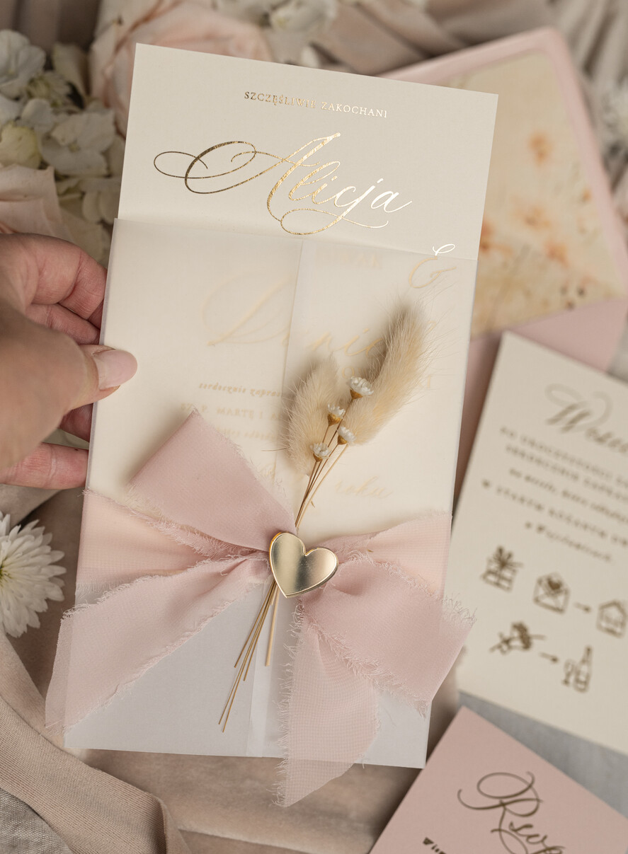 Zaproszenia ślubne Złote Glamour eleganckie zaproszenie na ślub z suszonym dmuszkiem, wyjątkowe zaproszenia ślubne z dmuszkiem, zaproszenia na ślub w stylu glamour15