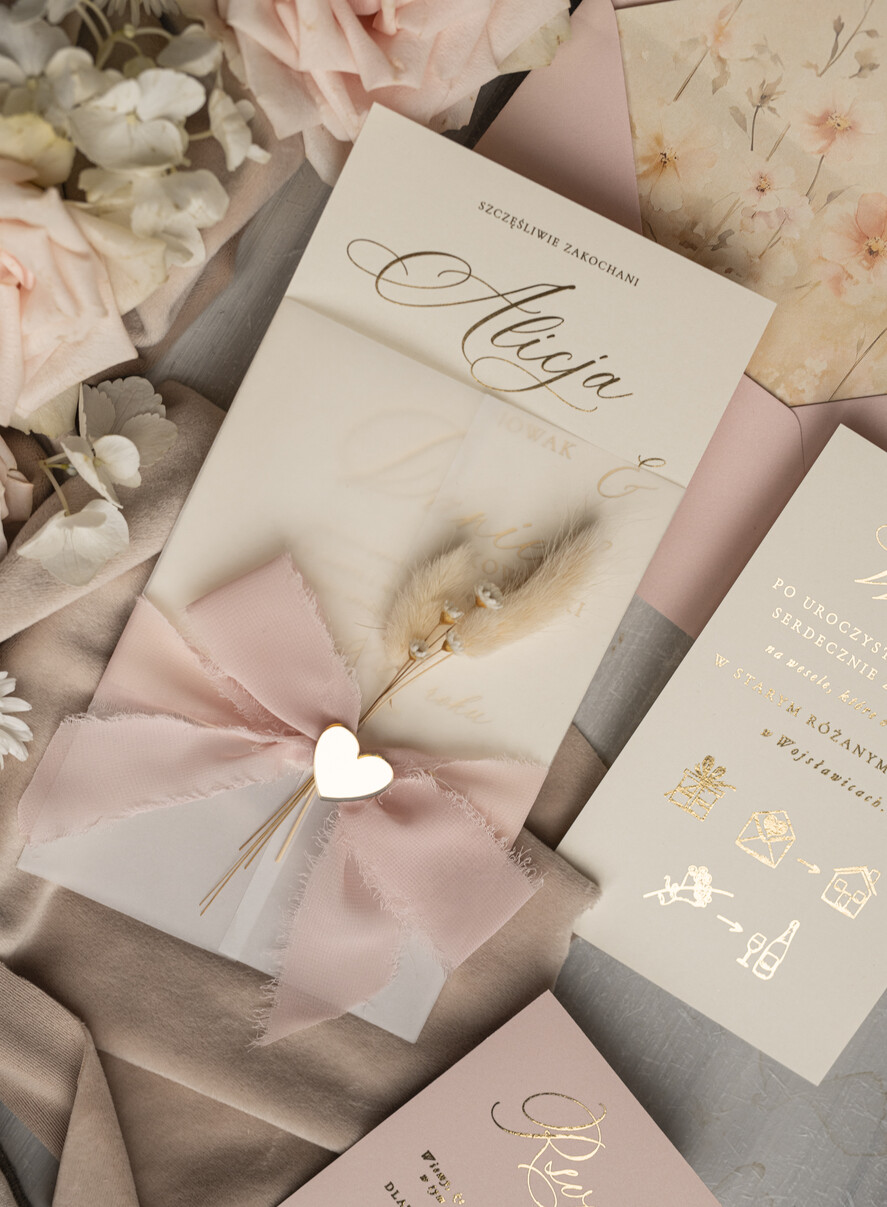 Zaproszenia ślubne Złote Glamour eleganckie zaproszenie na ślub z suszonym dmuszkiem, wyjątkowe zaproszenia ślubne z dmuszkiem, zaproszenia na ślub w stylu glamour18