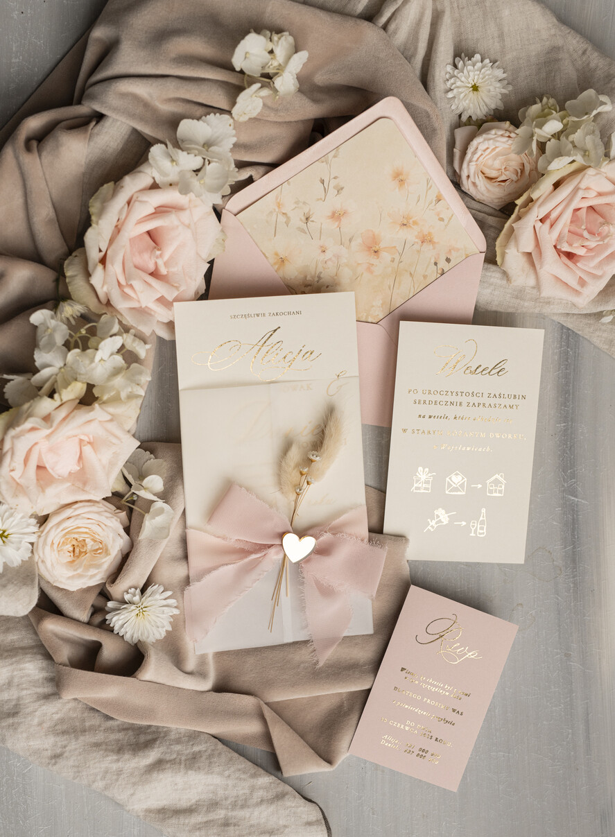 Zaproszenia ślubne Złote Glamour eleganckie zaproszenie na ślub z suszonym dmuszkiem, wyjątkowe zaproszenia ślubne z dmuszkiem, zaproszenia na ślub w stylu glamour20