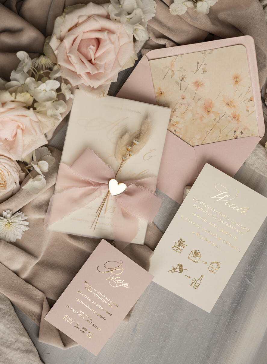 Zaproszenia ślubne Złote Glamour eleganckie zaproszenie na ślub z suszonym dmuszkiem, wyjątkowe zaproszenia ślubne z dmuszkiem, zaproszenia na ślub w stylu glamour21