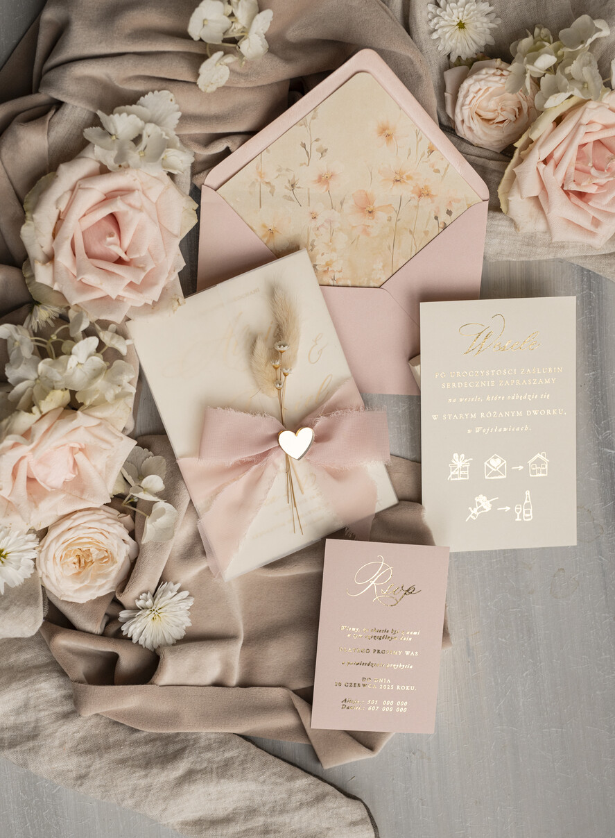 Zaproszenia ślubne Złote Glamour eleganckie zaproszenie na ślub z suszonym dmuszkiem, wyjątkowe zaproszenia ślubne z dmuszkiem, zaproszenia na ślub w stylu glamour0