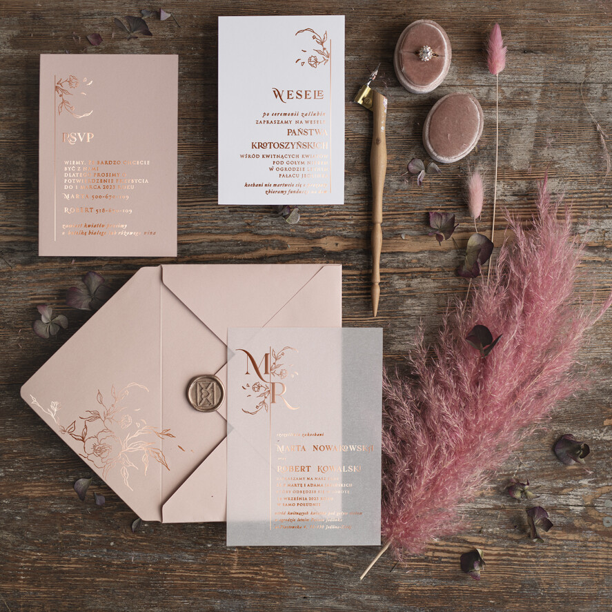 Zaproszenia ślubne Złote Glamour Rose Gold Minimalistyczne zaproszenia ślubne, złocone zaproszenie ślubne Proste zaproszenie na ślub Róż i Kalka 0