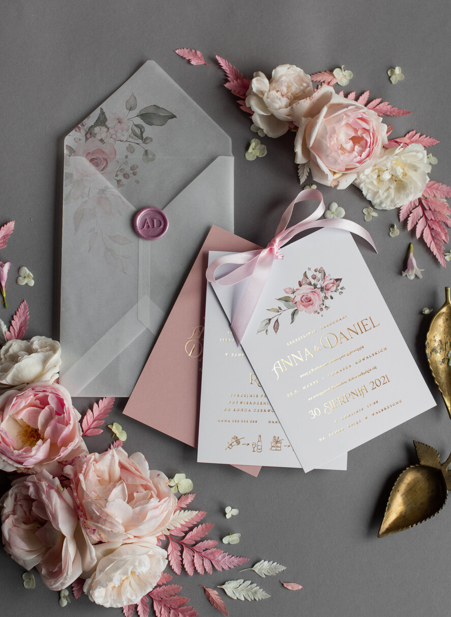 Zaproszenia ślubne Złote Glamour nowoczesne zaproszenia na ślub elegancki styl glamour kieszonka ze wstążką 3