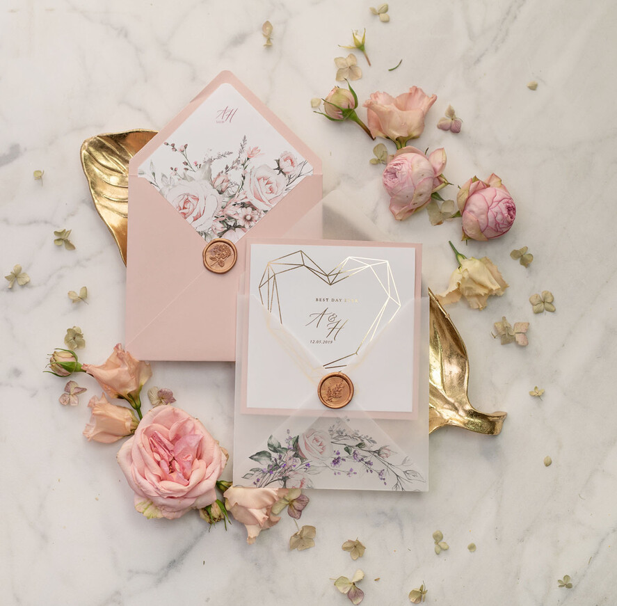 Zaproszenia ślubne Złote Glamour różowo złote zaproszenia ślubne geometryczne złote serce boho kwiaty, złocone zaproszenie na ślub przeźroczysta koperta z kalki3