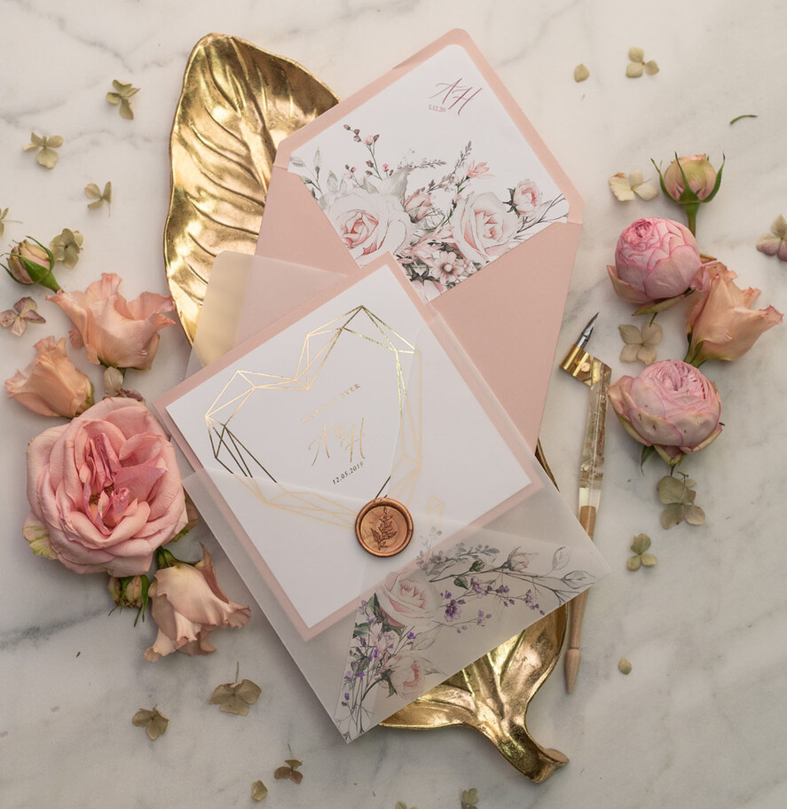 Zaproszenia ślubne Złote Glamour różowo złote zaproszenia ślubne geometryczne złote serce boho kwiaty, złocone zaproszenie na ślub przeźroczysta koperta z kalki4