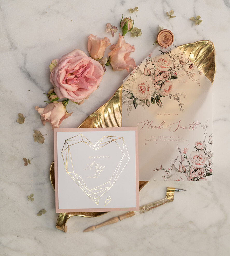 Zaproszenia ślubne Złote Glamour różowo złote zaproszenia ślubne geometryczne złote serce boho kwiaty, złocone zaproszenie na ślub przeźroczysta koperta z kalki6