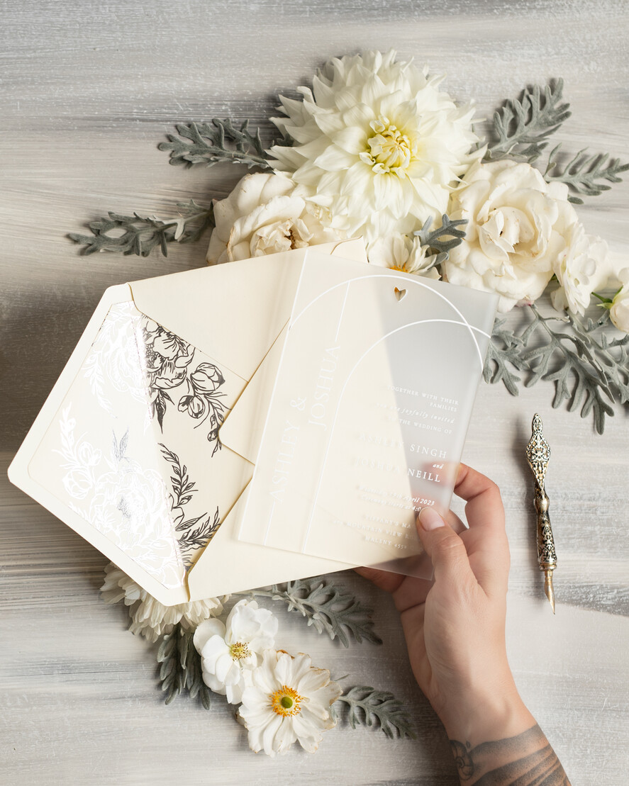 Zaproszenia ślubne Złote Glamour zaproszenia na ślub z satynowej pleksy, zaproszenia na wesele z akrylu, zaproszenia slubne z lakiem, elrganckie zaproszenia na slub6