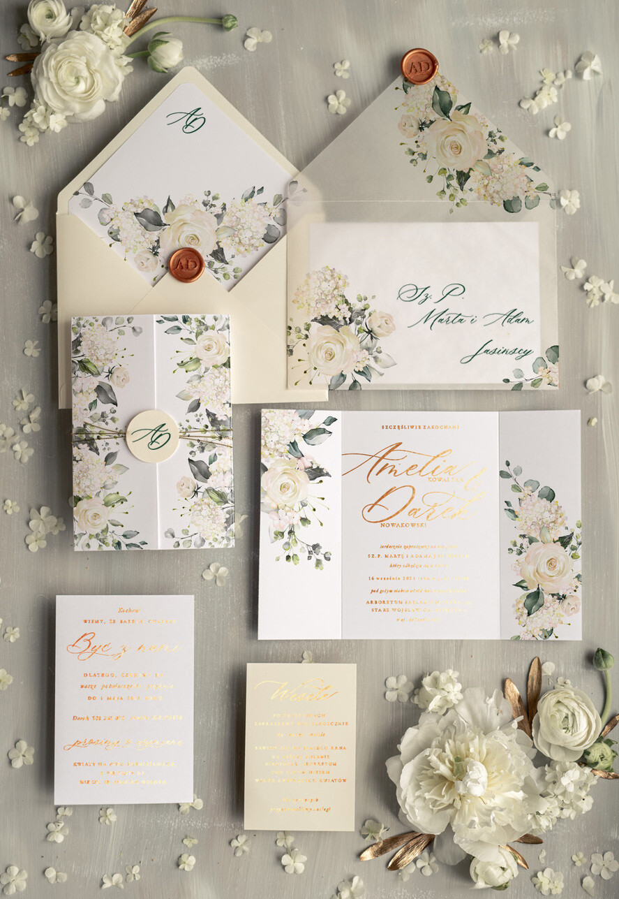 Zaproszenia ślubne Złote Glamour delikatne zaproszenia na ślub w plenerze złote i błyszczące litery białe róże, zaproszenie na ślub z kwiatami0
