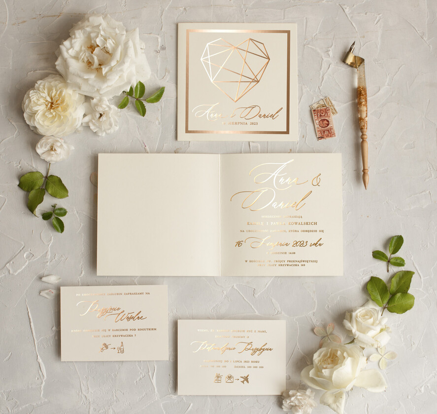 Zaproszenia ślubne Złote Glamour Proste  Złote Zaproszenia Ślubne Glamour Geometryczne Serce Złocone Zaproszenia na Ślub Minimalistyczne Zaproszenie  1