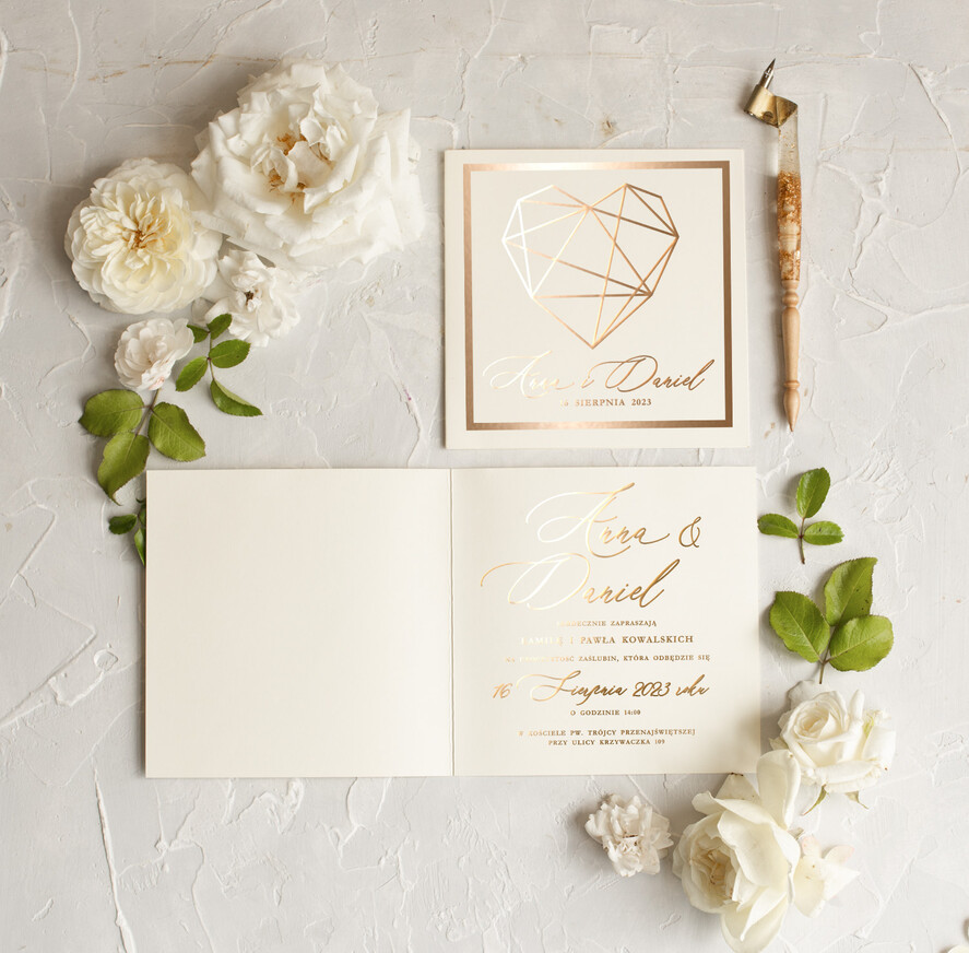 Zaproszenia ślubne Złote Glamour Proste  Złote Zaproszenia Ślubne Glamour Geometryczne Serce Złocone Zaproszenia na Ślub Minimalistyczne Zaproszenie  3