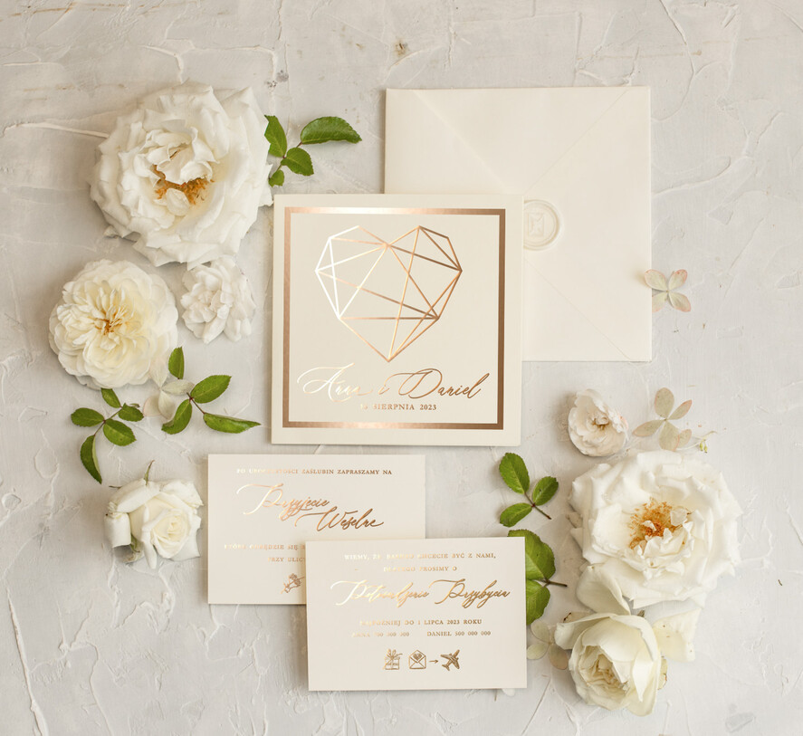 Zaproszenia ślubne Złote Glamour Proste  Złote Zaproszenia Ślubne Glamour Geometryczne Serce Złocone Zaproszenia na Ślub Minimalistyczne Zaproszenie  4