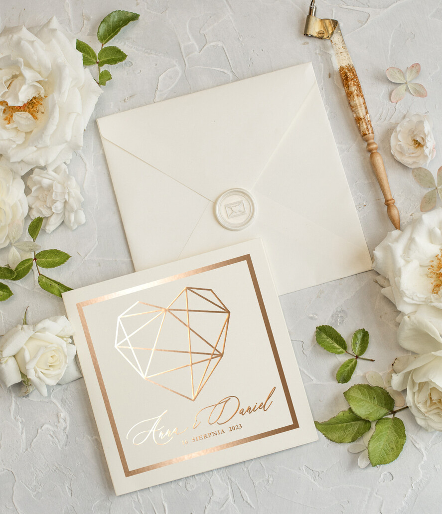 Zaproszenia ślubne Złote Glamour Proste  Złote Zaproszenia Ślubne Glamour Geometryczne Serce Złocone Zaproszenia na Ślub Minimalistyczne Zaproszenie  5