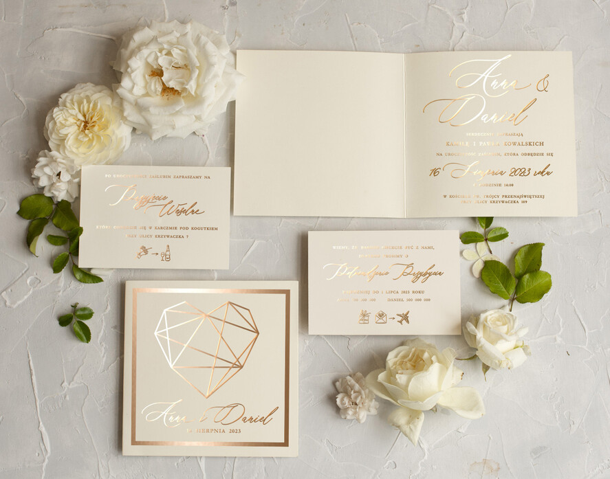 Zaproszenia ślubne Złote Glamour Proste  Złote Zaproszenia Ślubne Glamour Geometryczne Serce Złocone Zaproszenia na Ślub Minimalistyczne Zaproszenie  7