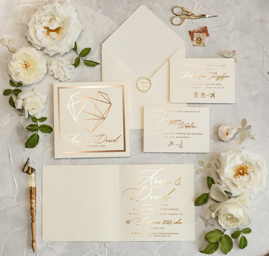 Zaproszenia ślubne Złote Glamour Proste  Złote Zaproszenia Ślubne Glamour Geometryczne Serce Złocone Zaproszenia na Ślub Minimalistyczne Zaproszenie  0