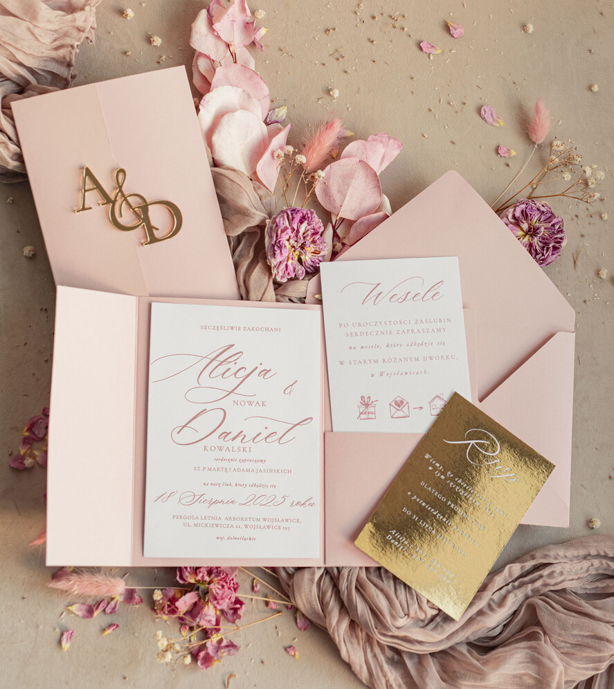 Zaproszenia ślubne Złote Glamour złote zaproszenia ślubne z lustrzanym monogramem, różowe zaproszenie na ślub złocone, zaoriszenia na slub cywilny pudrowy róż  1