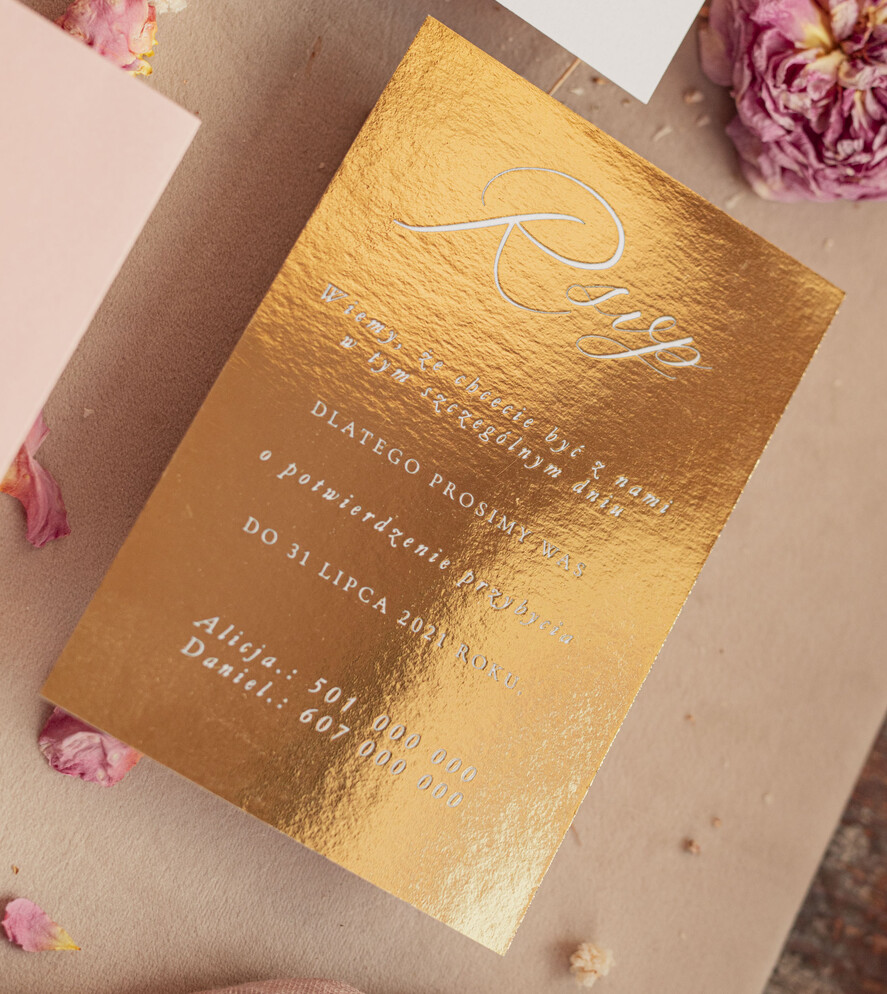 Zaproszenia ślubne Złote Glamour złote zaproszenia ślubne z lustrzanym monogramem, różowe zaproszenie na ślub złocone, zaoriszenia na slub cywilny pudrowy róż  10