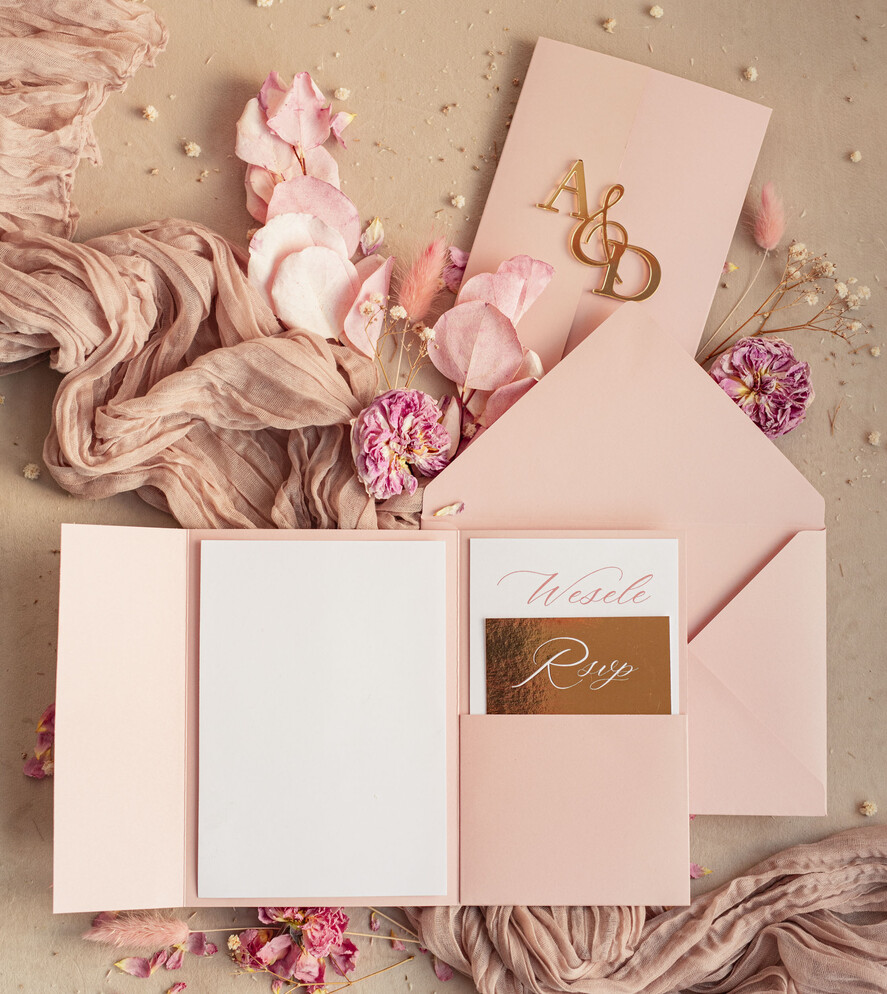 Zaproszenia ślubne Złote Glamour złote zaproszenia ślubne z lustrzanym monogramem, różowe zaproszenie na ślub złocone, zaoriszenia na slub cywilny pudrowy róż  3