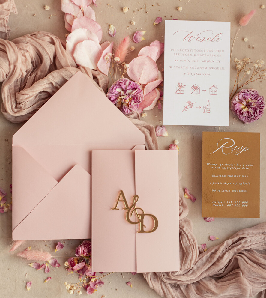 Zaproszenia ślubne Złote Glamour złote zaproszenia ślubne z lustrzanym monogramem, różowe zaproszenie na ślub złocone, zaoriszenia na slub cywilny pudrowy róż  8