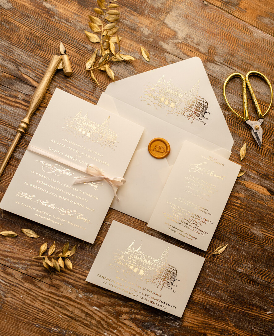 Zaproszenia ślubne Złote Glamour Proste  Złocone Zaproszenia Ślubne Minimalistyczne Zaproszenia na Ślub Twoje Miejsce szkicowane Zaproszenie Ślubne Kremowe10