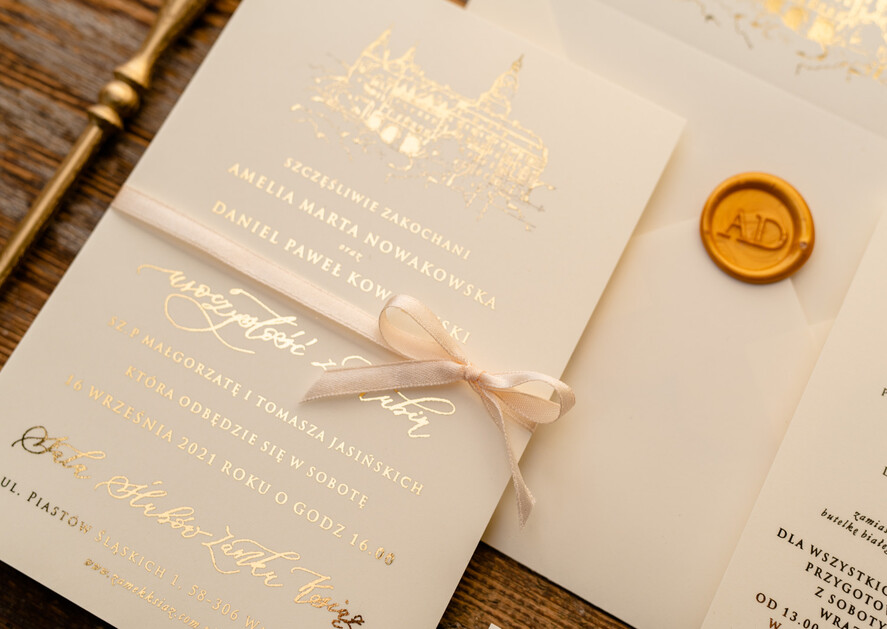 Zaproszenia ślubne Złote Glamour Proste  Złocone Zaproszenia Ślubne Minimalistyczne Zaproszenia na Ślub Twoje Miejsce szkicowane Zaproszenie Ślubne Kremowe11