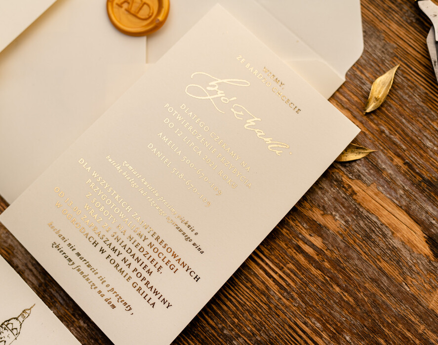 Zaproszenia ślubne Złote Glamour Proste  Złocone Zaproszenia Ślubne Minimalistyczne Zaproszenia na Ślub Twoje Miejsce szkicowane Zaproszenie Ślubne Kremowe12