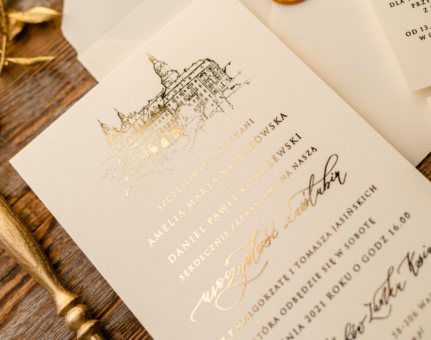 Zaproszenia ślubne Złote Glamour Proste  Złocone Zaproszenia Ślubne Minimalistyczne Zaproszenia na Ślub Twoje Miejsce szkicowane Zaproszenie Ślubne Kremowe13