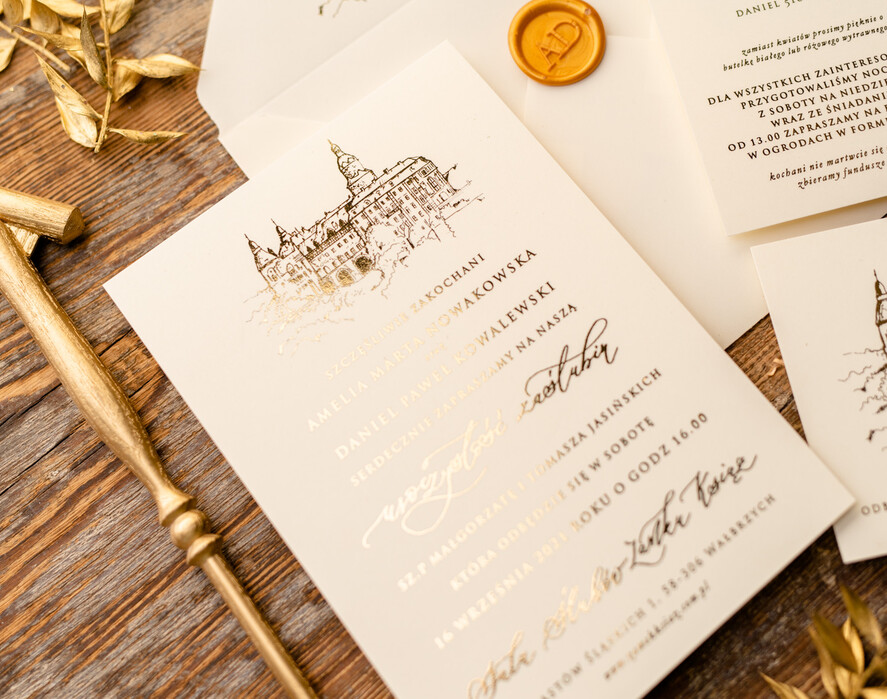 Zaproszenia ślubne Złote Glamour Proste  Złocone Zaproszenia Ślubne Minimalistyczne Zaproszenia na Ślub Twoje Miejsce szkicowane Zaproszenie Ślubne Kremowe14